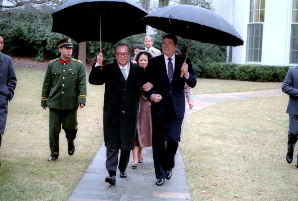 President Ronald Reagan walking with Premier Zhao Ziyang of the Peoples Republic of China during his visit to the White House
