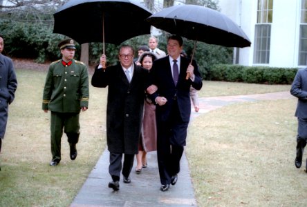 President Ronald Reagan walking with Premier Zhao Ziyang of the Peoples Republic of China during his visit to the White House