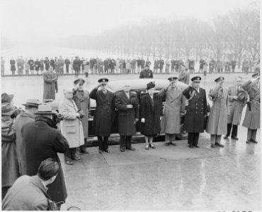 President Truman arrives for a ceremony at the Lincoln Memorial for President Lincoln's birthday. L to R in front of... - NARA - 199783 photo