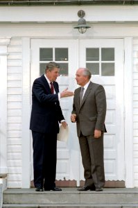 President Ronald Reagan with Mikhail Gorbachev posing for photos on their trip to Iceland