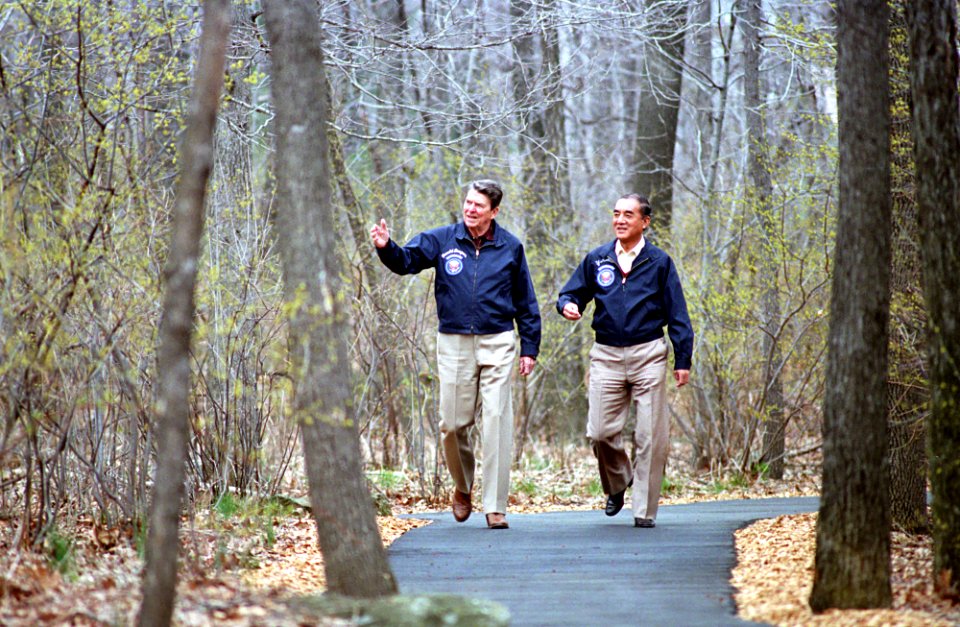 President Ronald Reagan with Prime Minister Yasuhiro Nakasone of Japan at Camp David