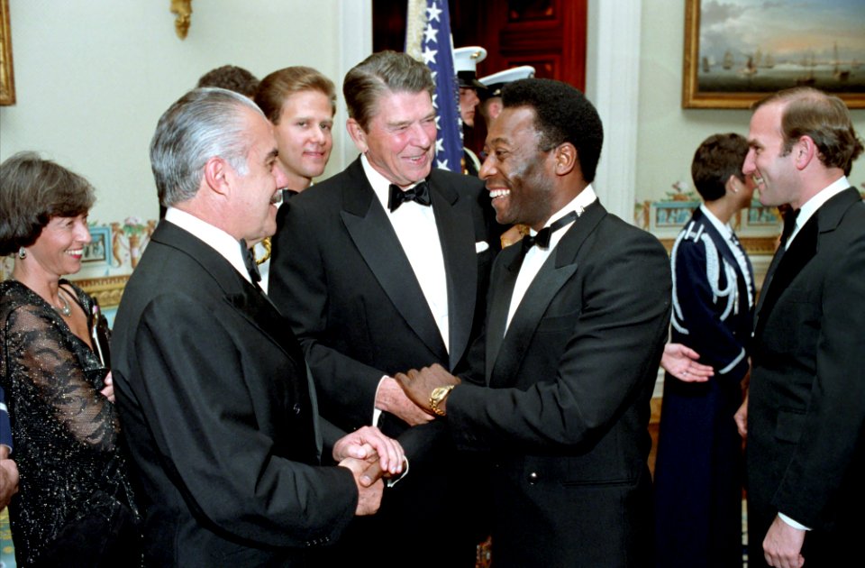 President Ronald Reagan with soccer player Pele and President José Sarney of Brazil