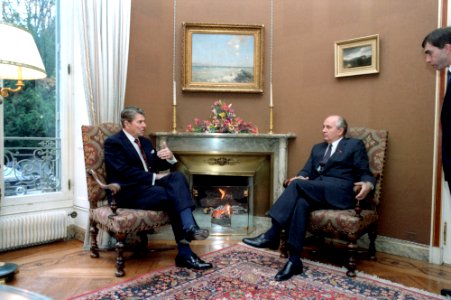 President Ronald Reagan's first meeting with Soviet General Secretary Mikhail Gorbachev photo