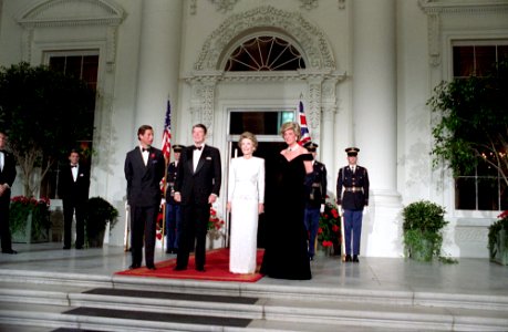 President Ronald Reagan, Nancy Reagan, Prince Charles, and Princess Diana on the North Portico before a dinner