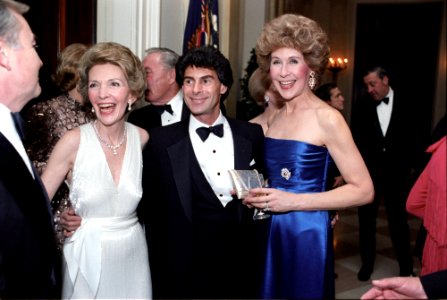 President's 70th Birthday Party Nancy Reagan with Betsy Bloomingdale and Julius Bergtsson in The Cross Hall