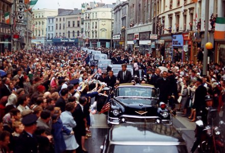 President's Trip to Europe- Motorcade in Dublin. President Kennedy, motorcade, spectators. Dublin, Ireland - NARA - 194227 photo