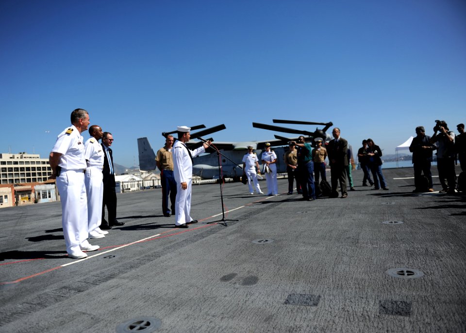 Press conference aboard future USS America during visit to Brazil 140806-N-FR671-276