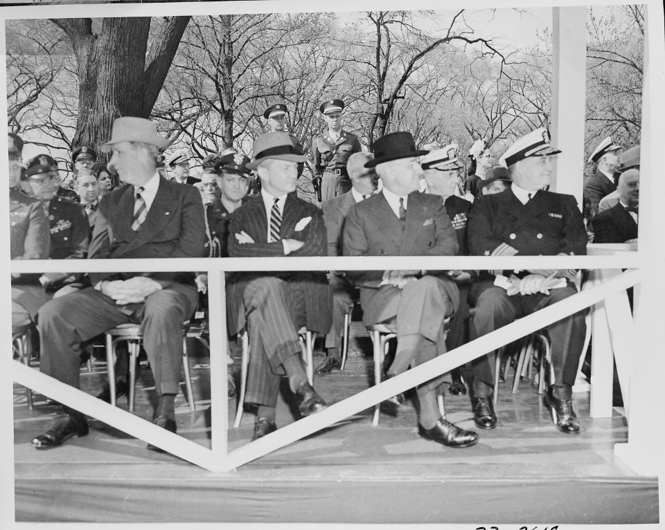 President Truman in the reviewing stand watching the Army Day parade in Washington, D. C. L to R, Secretary of the... - NARA - 199776