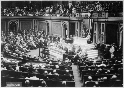 President Wilson before Congress, announcing the break in the official relations with Germany. Harris & Ewing., 02-0 - NARA - 533722