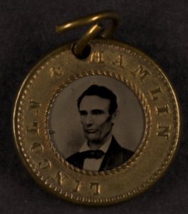 Presidential campaign button with portraits of Abraham Lincoln and Hannibal Hamlin LCCN2008680233