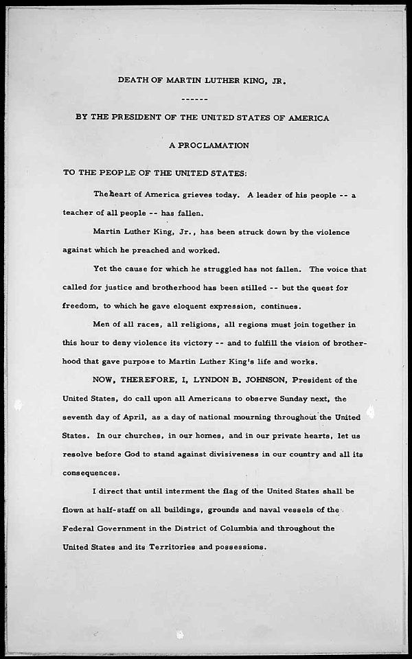 Presidential Proclamation 3839 of April 5, 1968, by President Lyndon B. Johnson designating Sunday, April 7, 1968, as a day of national mourning for Martin Luther King, Jr., 04-05-1968 (page 1 of 2) (4266360576)