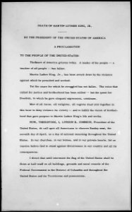 Presidential Proclamation 3839 of April 5, 1968, by President Lyndon B. Johnson designating Sunday, April 7, 1968, as a day of national mourning for Martin Luther King, Jr., 04-05-1968 (page 1 of 2) (4266360576)
