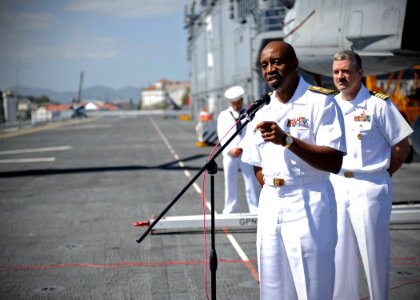 Press conference aboard future USS America during visit to Brazil 140806-N-FR671-249