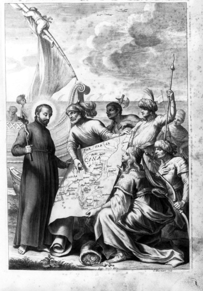Priest holding crucifix standing beside boat, looking at map of Tartaria, Cina, India LCCN2003662262