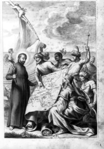 Priest holding crucifix standing beside boat, looking at map of Tartaria, Cina, India LCCN2003662262