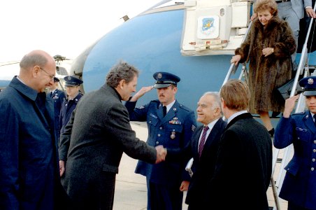 Prime Minister Yitzhak Shamir of Israel is greeted by officials as he and his entourage arrive for a state visit