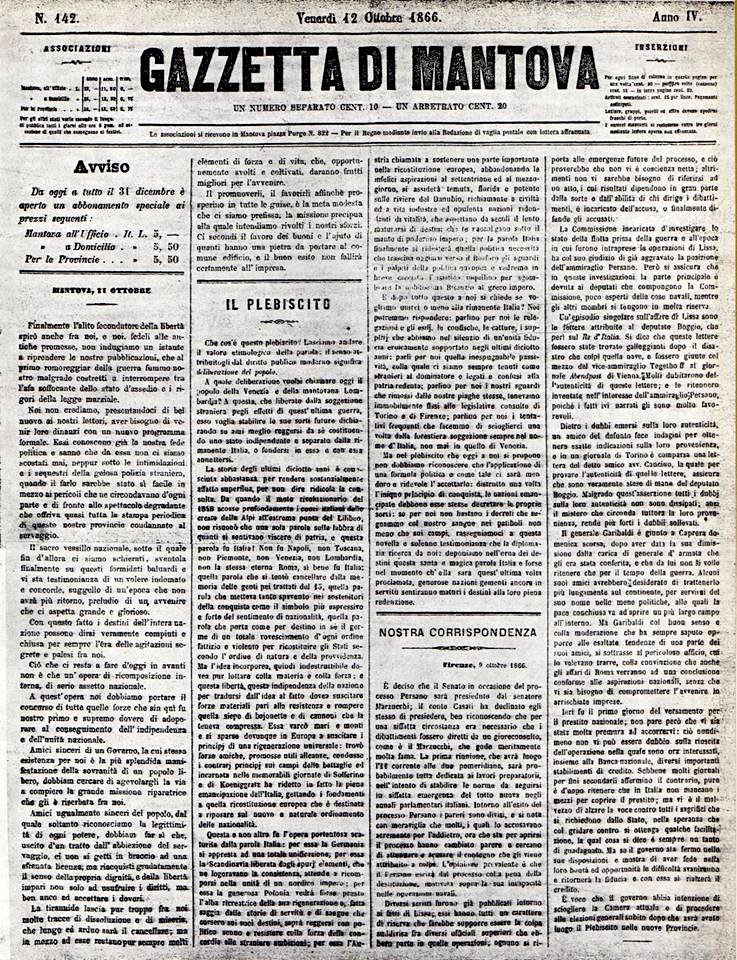 Primo numero della Gazzetta di Mantova sotto il Regno d' Italia