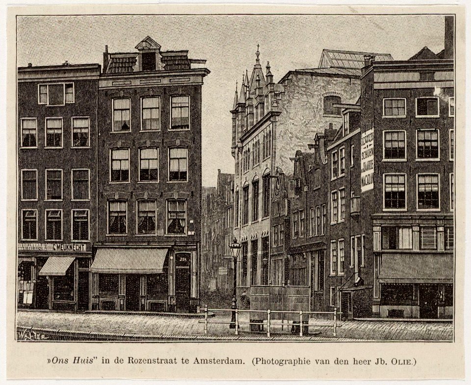 Prinsengracht 210-206 met zicht op de Rozenstraat Houtgravure naar foto van Jacob Olie Jacob Olie (max res)