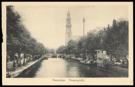 Prinsengracht richting Rozengracht met de Westertoren en een mast van de telefoondienst voor bovengrondse lijnen, Afb PBKD00111000010