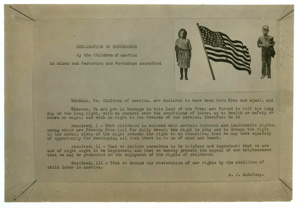 Printed page of text with photo illustration- 'Declaration of Dependence by the Children of America in Mines and Factories and Workshops Assembled') LOC nclc.04892