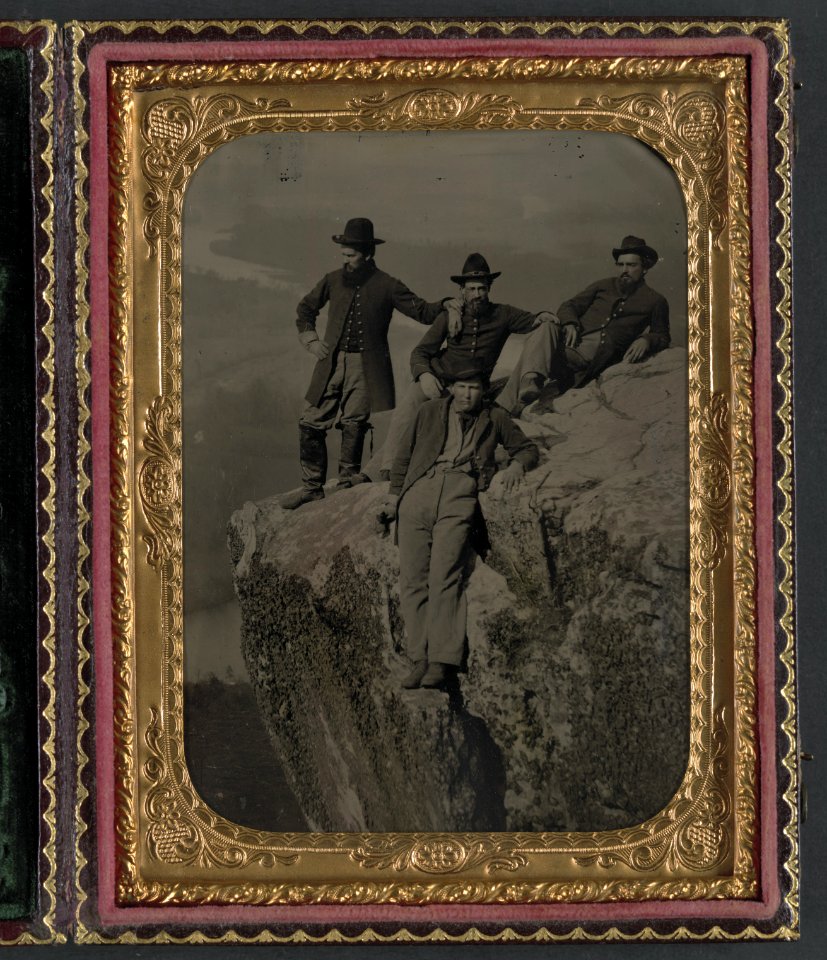 Private Henry McCollum of Company B, 78th Pennsylvania Infantry Regiment and three unidentified soldiers in 78th Pennsylvania Infantry uniforms at Point Lookout, Tennessee LCCN2011648546
