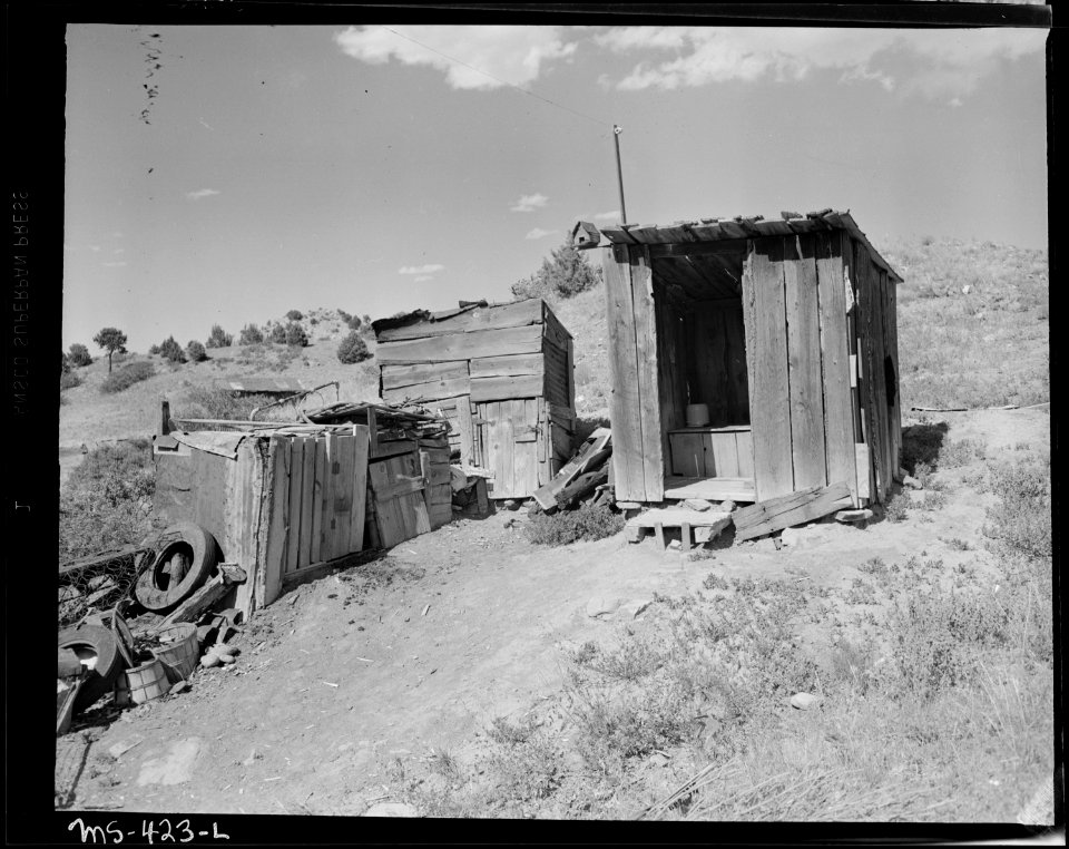 Privy and outbuildings of home of Mr. Camillogasperetti, old miner, who lives in company housing project. Huerfano... - NARA - 540404