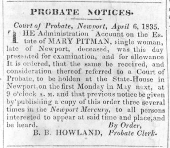 Probate notice for Mary Pitman, single woman LCCN2002719619