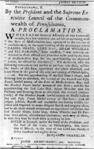 Proclamation by the State of Pennsylvania offering reward for Daniel Shays and 3 othe rebellion ringleaders. Signed by Benjamin Franklin LCCN2002705823
