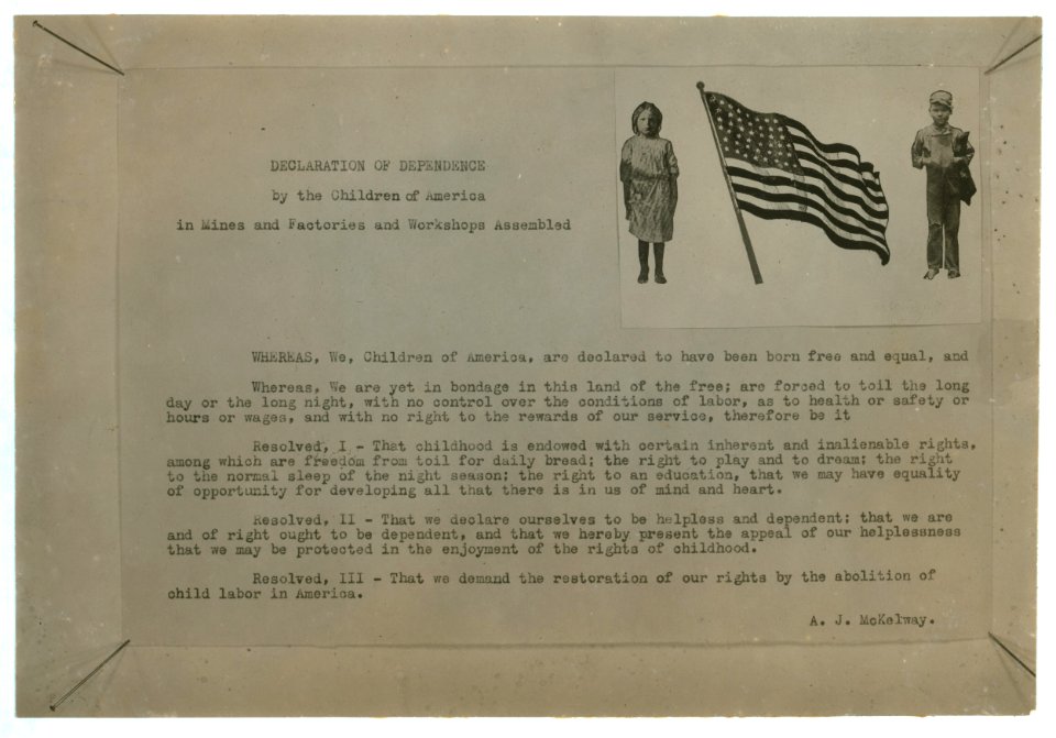 Printed page of text with photo illustration- 'Declaration of Dependence by the Children of America in Mines and Factories and Workshops Assembled') LOC nclc.04892