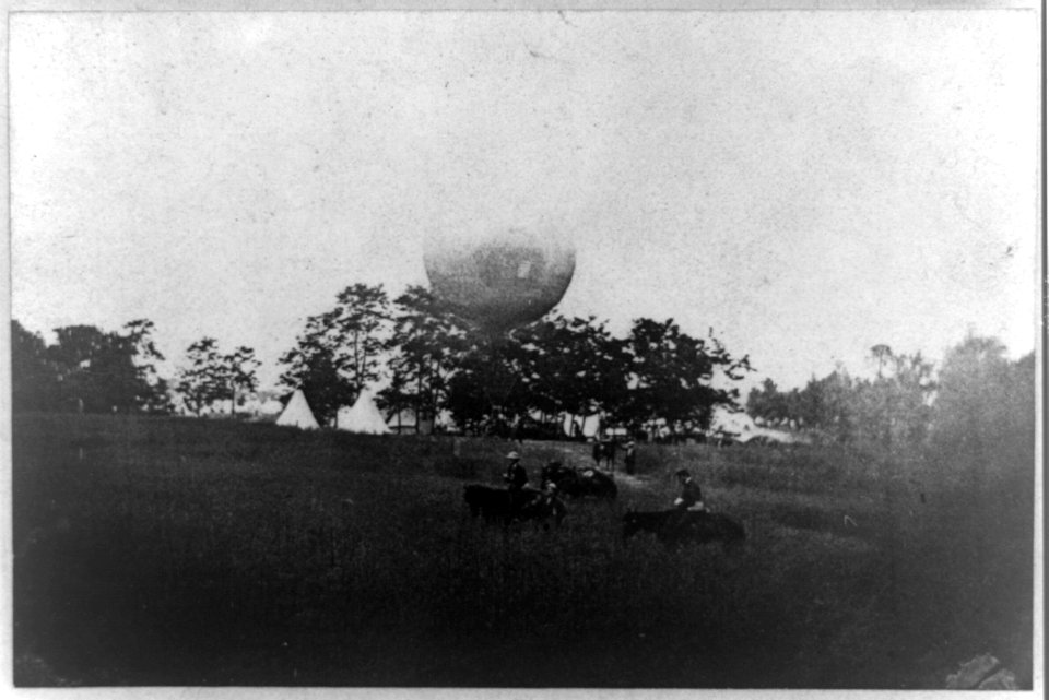Prof. Thaddeus Lowe's Balloon Camp at Gaines Mill, Va., May 1862- balloon in backgrd. across field; horsemen in foregrd. LCCN2002722174