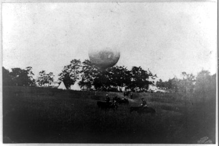 Prof. Thaddeus Lowe's Balloon Camp at Gaines Mill, Va., May 1862- balloon in backgrd. across field; horsemen in foregrd. LCCN2002722174