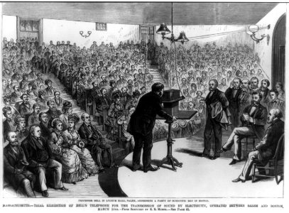 Professor Bell in Lyceum Hall, Salem, addressing a party of scientific men in Boston - From sketches by E.R. Morse. LCCN2014645960