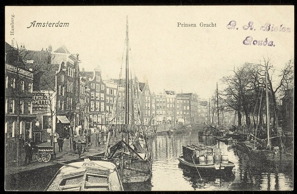 Prinsengracht 150-172 en links de zijgevel van Bloemstraat 1. Uitgave Uitgeverij dr. Trenkler, Hamburg, Afb ANWU01748000007