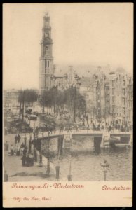 Prinsengracht met op de achtergrond de Westerkerk en op de voorgrond brug 64 bij de Reestraat. Uitgave Jos Nuss, Amsterdam, Afb PBKD00111000004