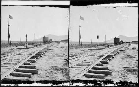 Promontory Point, the spot where the track layers met and laid the last rail. Elevation 4,905 feet. Box Elder County... - NARA - 517296