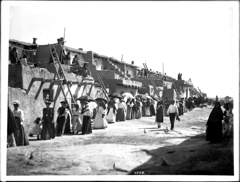Procession of Mexican and Indian women during the Fiesta de San Esteban (Saint Stephen), Acoma Pueblo, ca.1900 (CHS-4508)