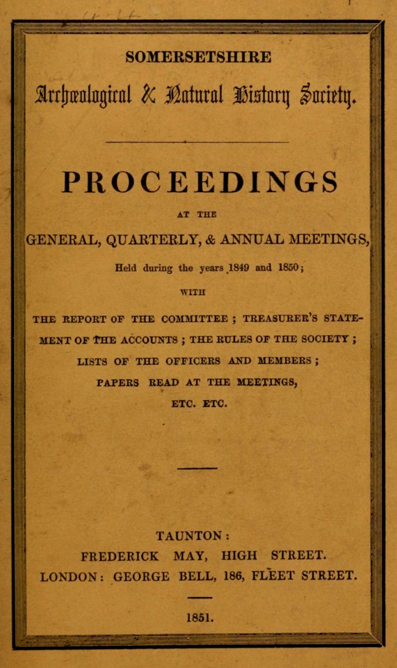 Proceedings of the Somersetshire Archaeological and Natural History Society Title Page 1851