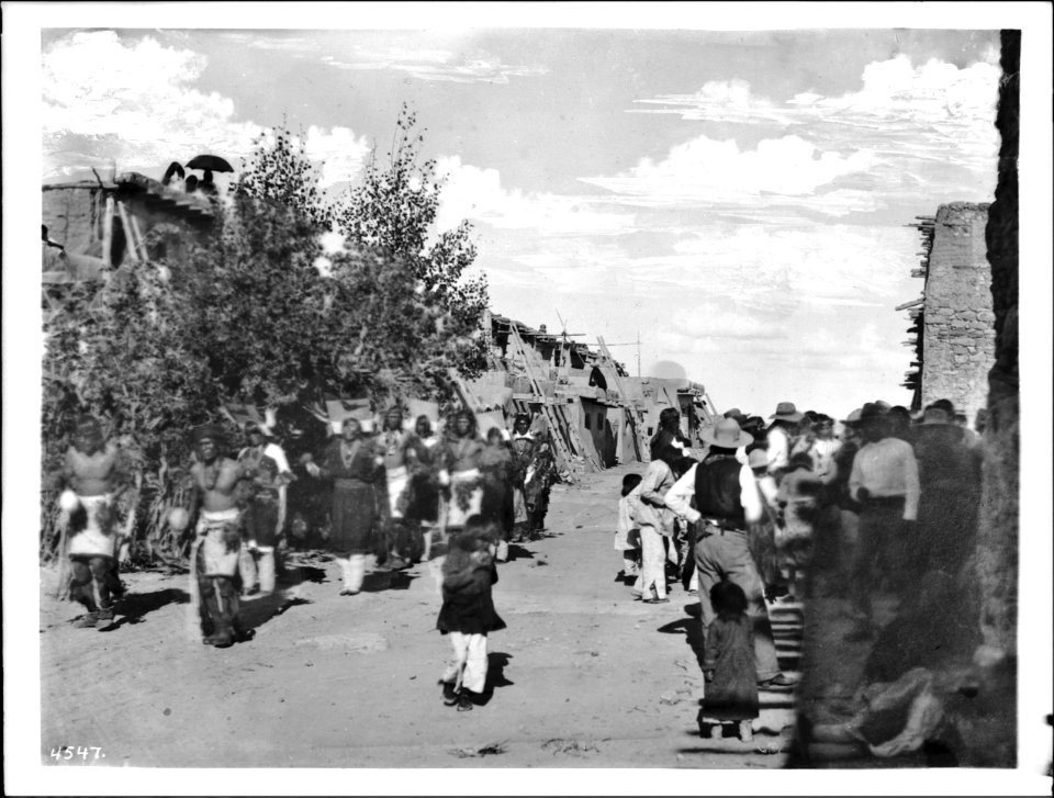 Procession of dancers and singers at Fiesta de San Esteban (Saint Stephen), Acoma Pueblo, New Mexico, 1886 (CHS-4547)