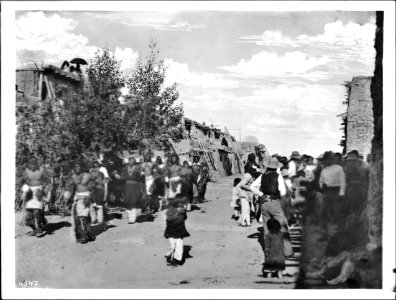 Procession of dancers and singers at Fiesta de San Esteban (Saint Stephen), Acoma Pueblo, New Mexico, 1886 (CHS-4547)