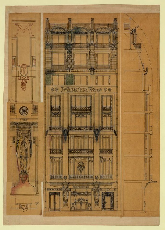 Project for a store façade (Mercier Frères). Elevation, section, and details LCCN2010649580
