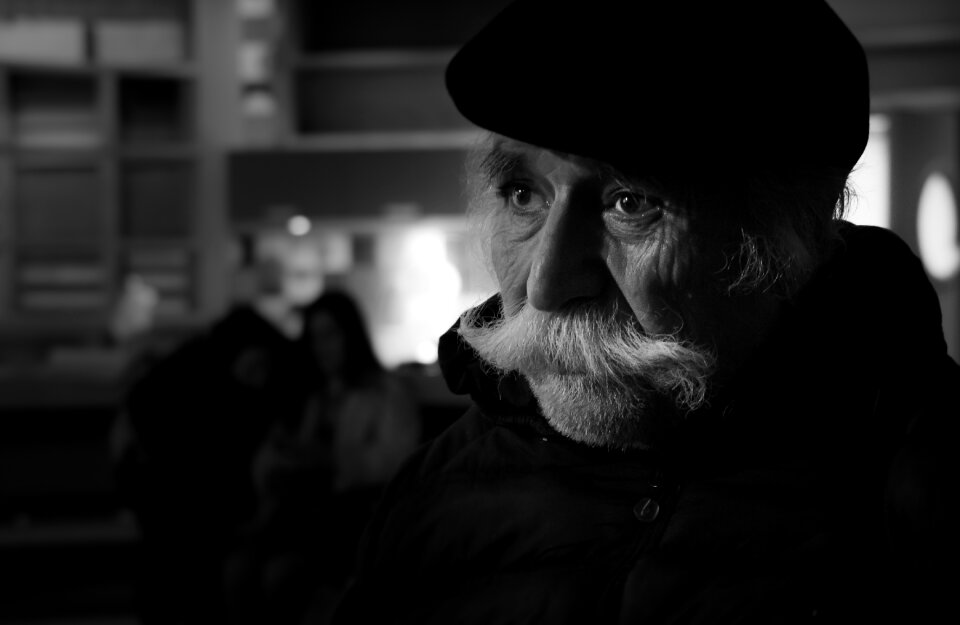 Old man black and white moustache