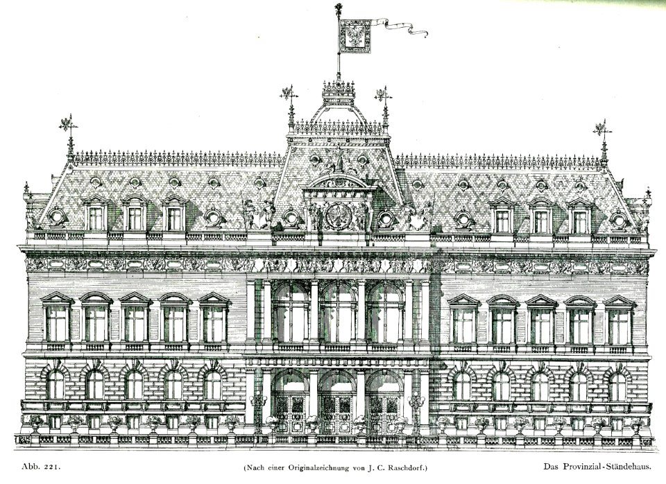 Provinzial Ständehaus in Düsseldorf, erbaut von Julius C. Raschdorff von 1876 bis 1880, Zeichnung