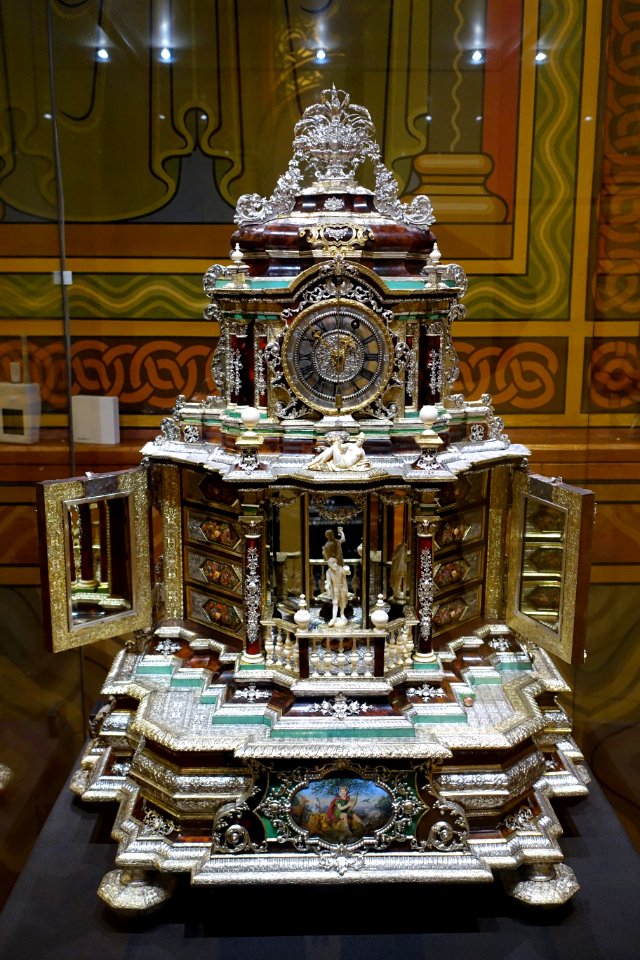 Prunkkabinett with clock, by Heinrich Eichler the Elder, Augsburg, c. 1685, iron, linden wood, walnut, silver, ivory, tempera on wood - Herzog Anton Ulrich-Museum - Braunschweig, Germany - DSC04555