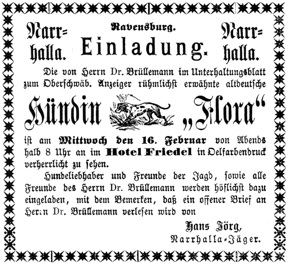 Ravensburg Fastnacht 1881 Narrhalla Hündin Flora