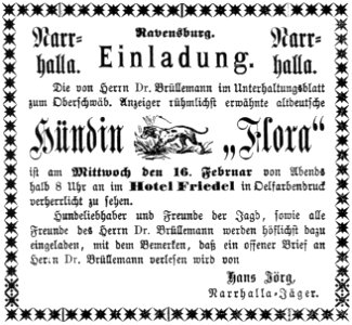 Ravensburg Fastnacht 1881 Narrhalla Hündin Flora
