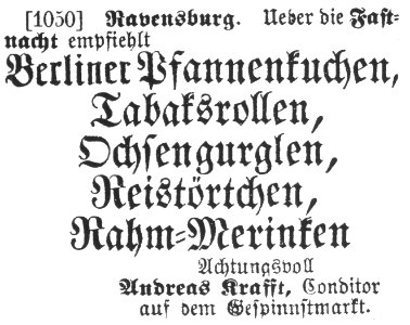 Ravensburg Fastnacht 19Jh Berliner Pfannenkuchen Konditorei Krafft