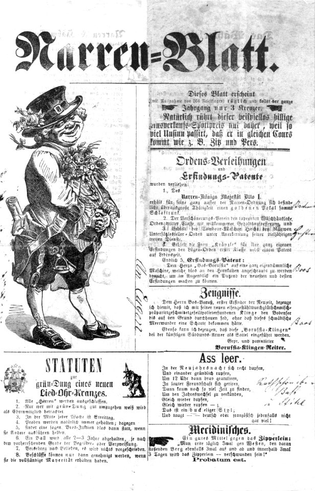 Ravensburg Fastnacht 1869 Narren-Blatt