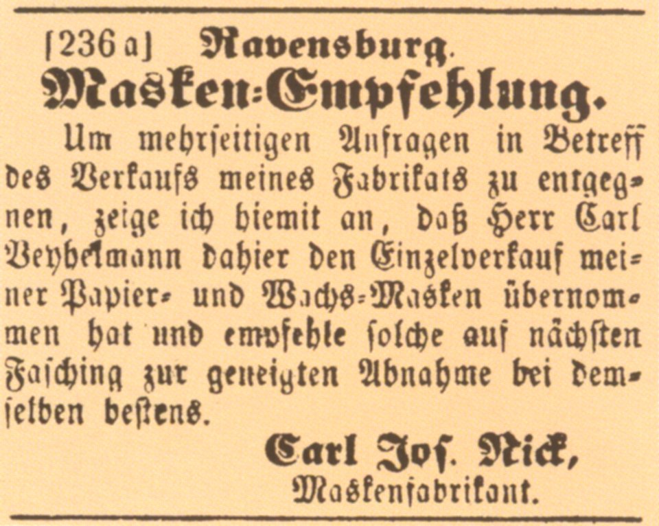 Ravensburg Maskenfabrik Nick 1854
