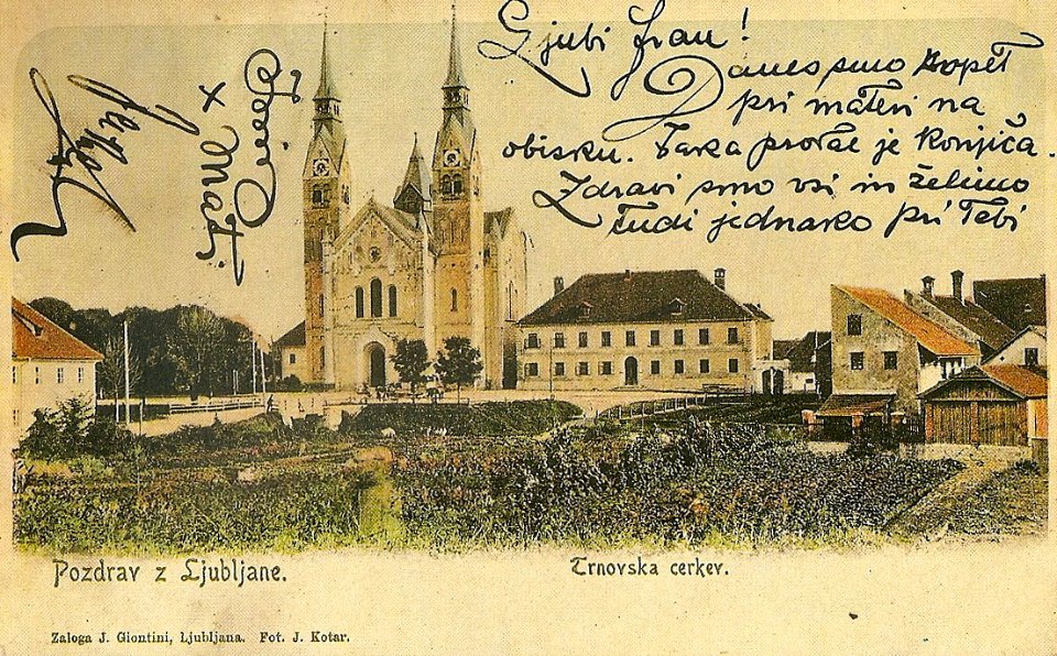 Razglednica trnovske cerkve v Ljubljani