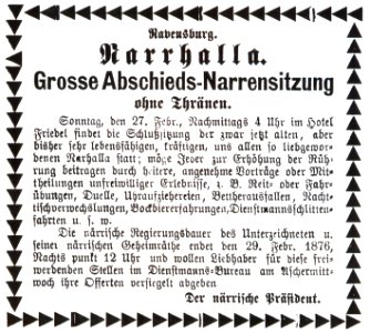 Ravensburg Fastnacht 1876 Narrhalla Abschieds-Narrensitzung